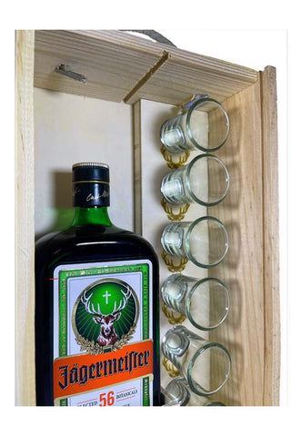 Pack regalo Jägermeister: botella 1 litro + caja + 6 vasos de chupito –  DISEVIL
